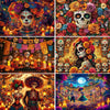 A vibrant Day of the Dead fiesta photo backdrop featuring colorful floral skull designs and intricate details.