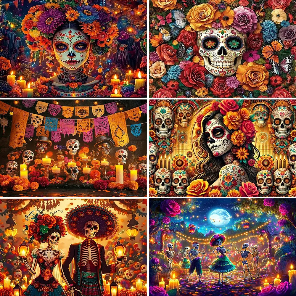 A vibrant Day of the Dead fiesta photo backdrop featuring colorful floral skull designs and intricate details.