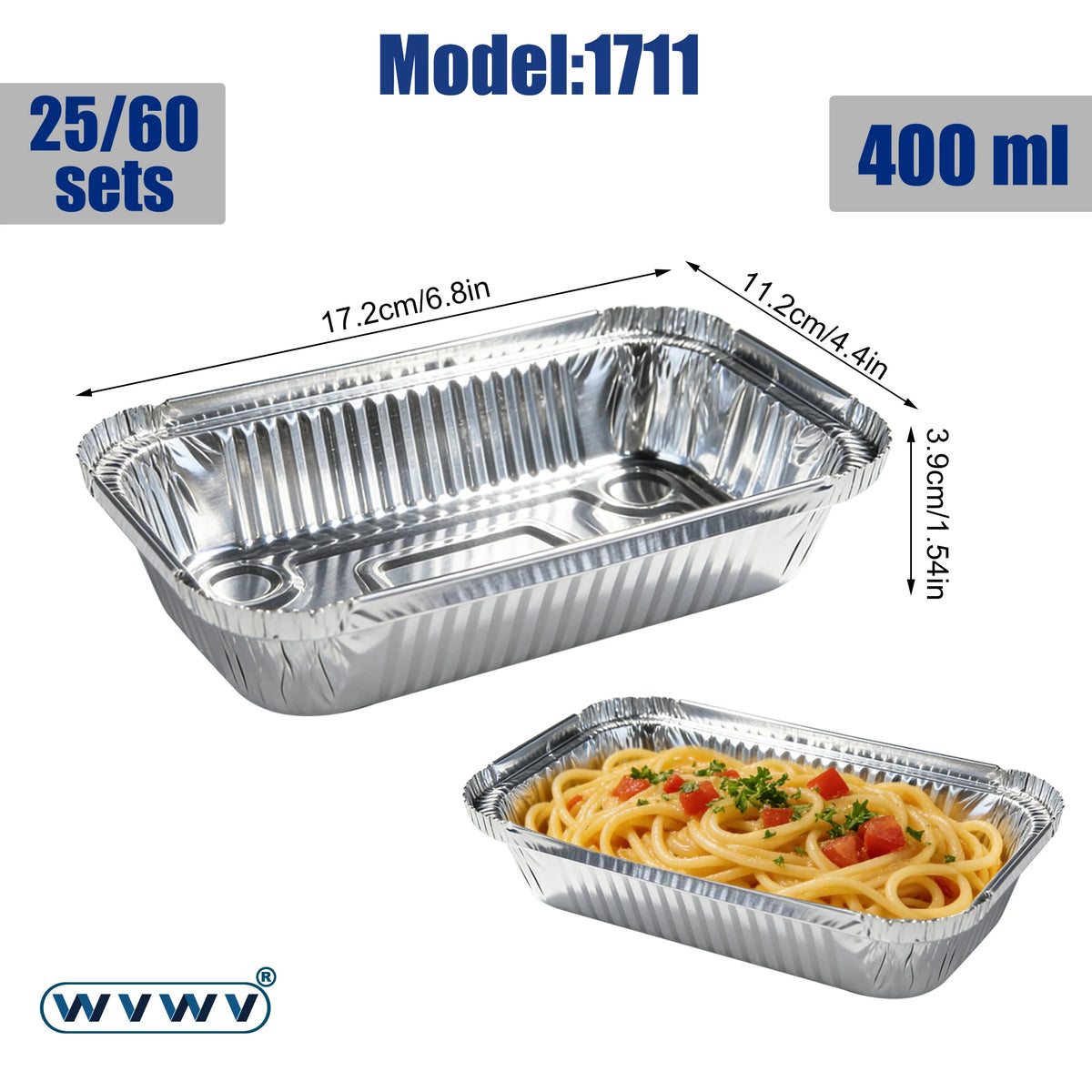 Disposable aluminum foil tray with food inside, shown next to its dimensions and packaging details.