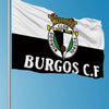 A white flag with a black and white horizontal stripe featuring a crest for Burgos C.F.