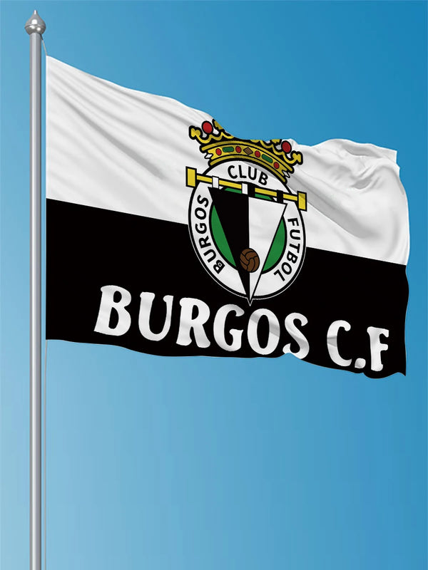 A white flag with a black and white horizontal stripe featuring a crest for Burgos C.F.