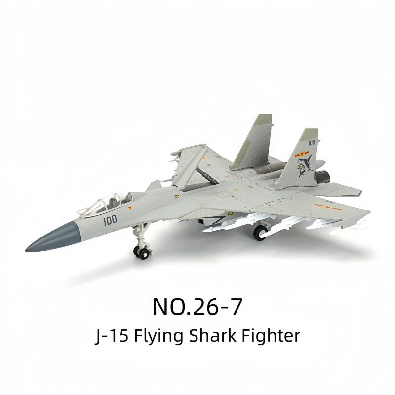 A model of a gray J-15 Flying Shark fighter jet with markings and weapons visible.