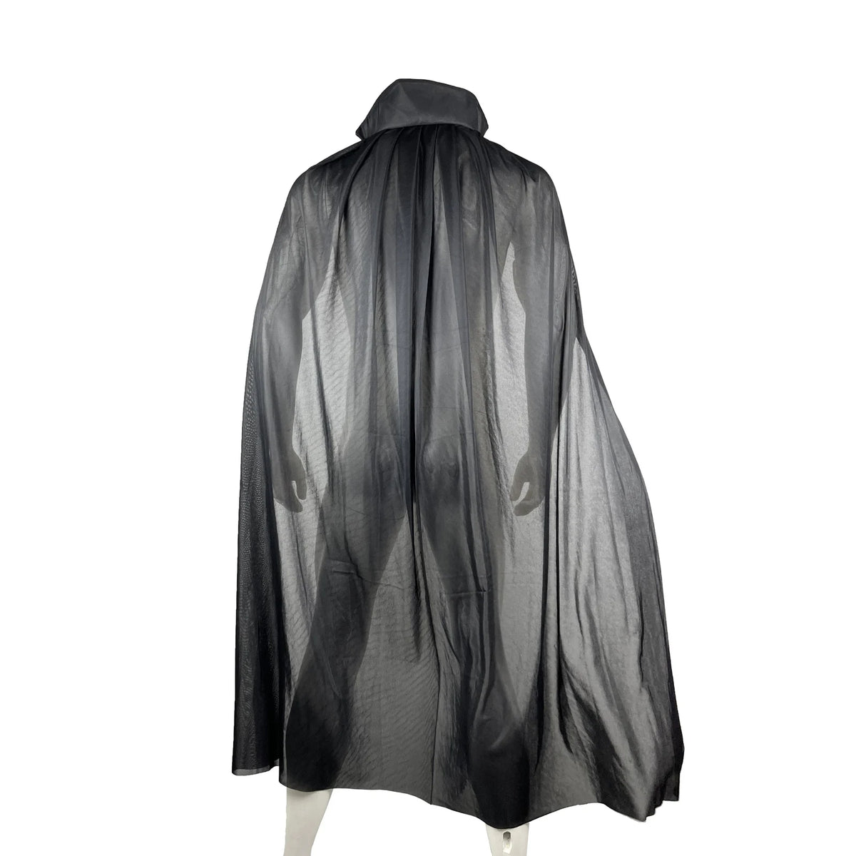 A black hooded cape made of sheer mesh fabric displayed on a mannequin.