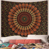 Bohemian mandala tapestry wall hanging featuring intricate geometric patterns in earthy tones of orange, red, and black.