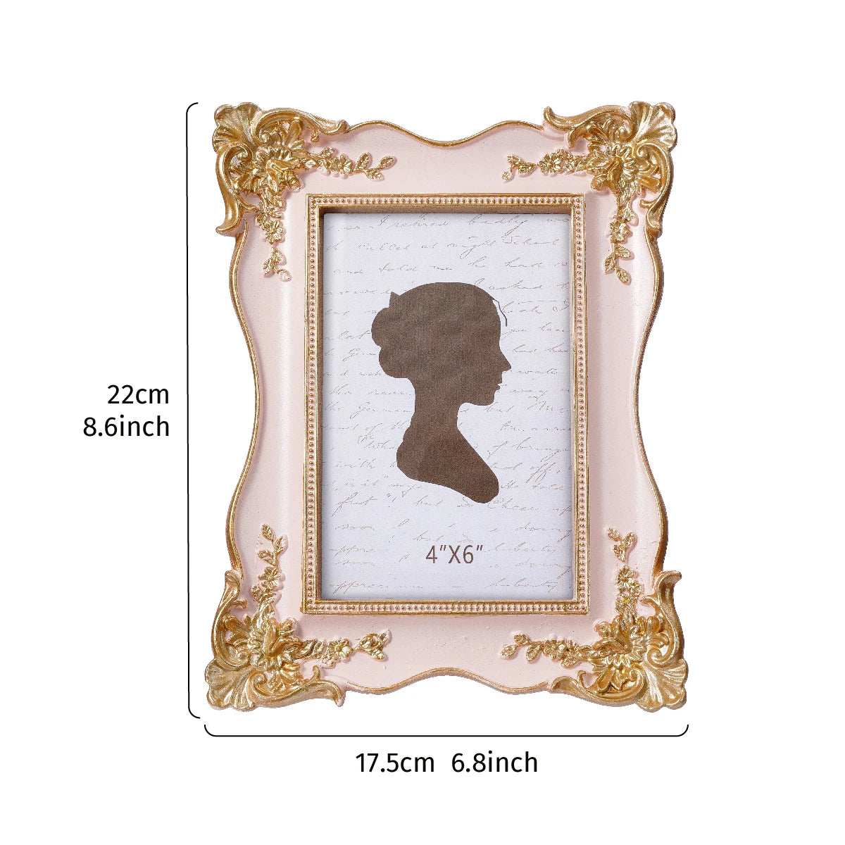 A rectangular, ornate pink and gold decorative photo frame with a textured white mat and a silhouette of a head.