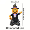 An uninflated Halloween foil balloon featuring a large standing and seated bat, pumpkin, ghost, and monster design.