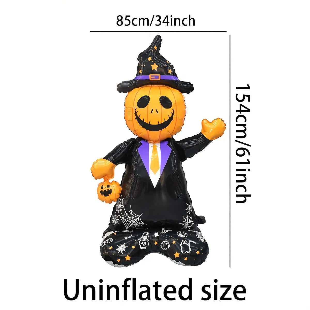 An uninflated Halloween foil balloon featuring a large standing and seated bat, pumpkin, ghost, and monster design.