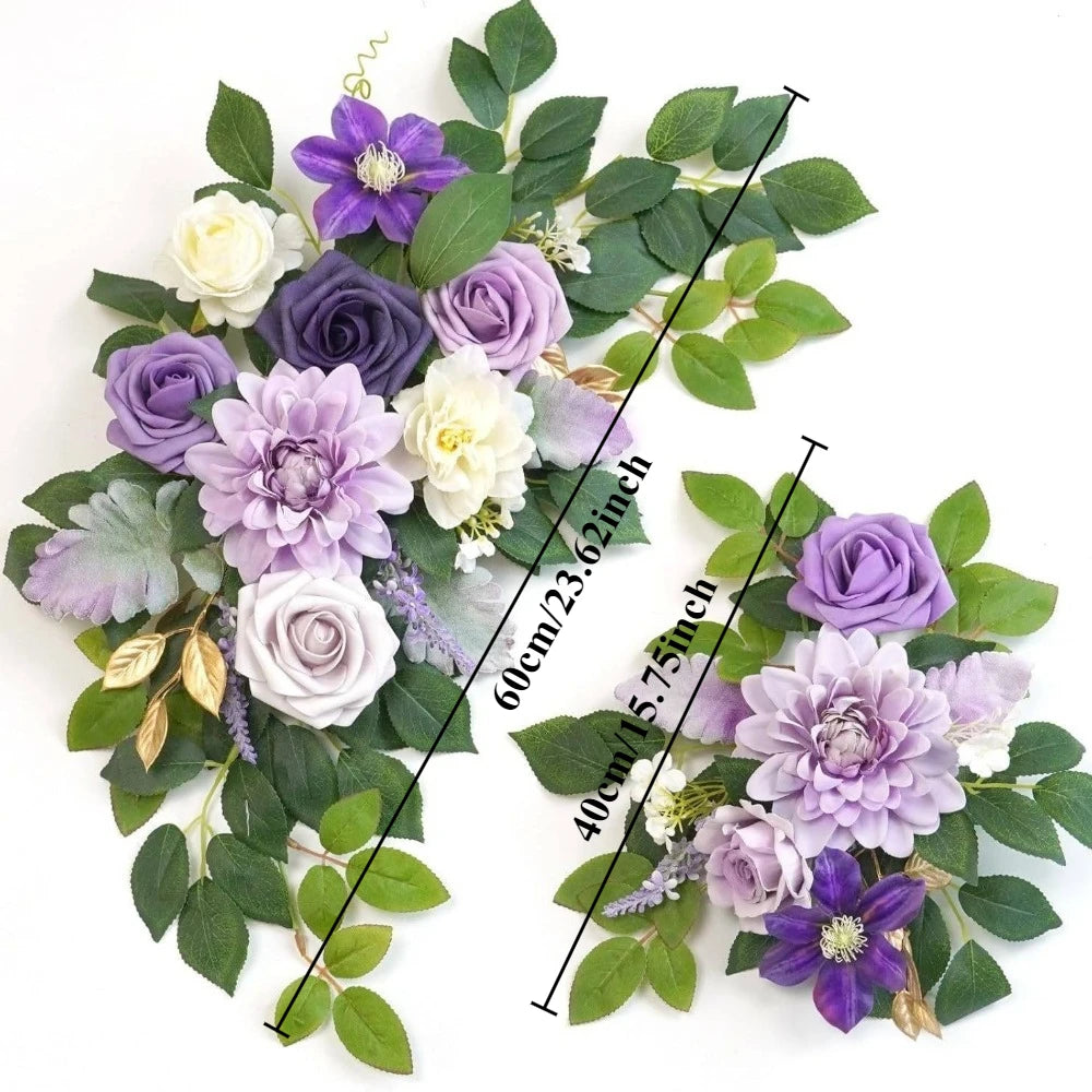 A floral kit featuring dusty rose and blue flowers and eucalyptus greenery for a wedding arch.