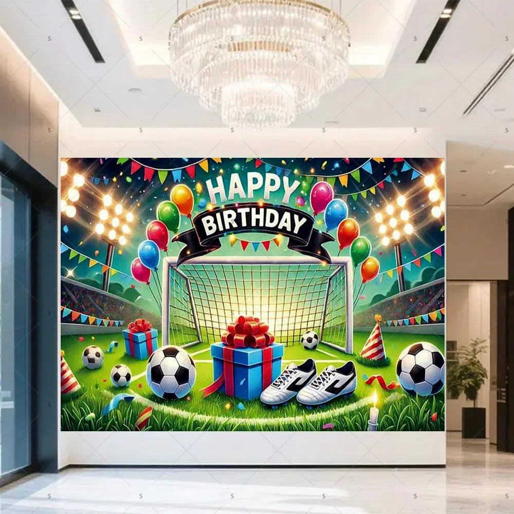 A vibrant football themed birthday backdrop banner featuring trophies, crowns, and soccer balls on a green field.