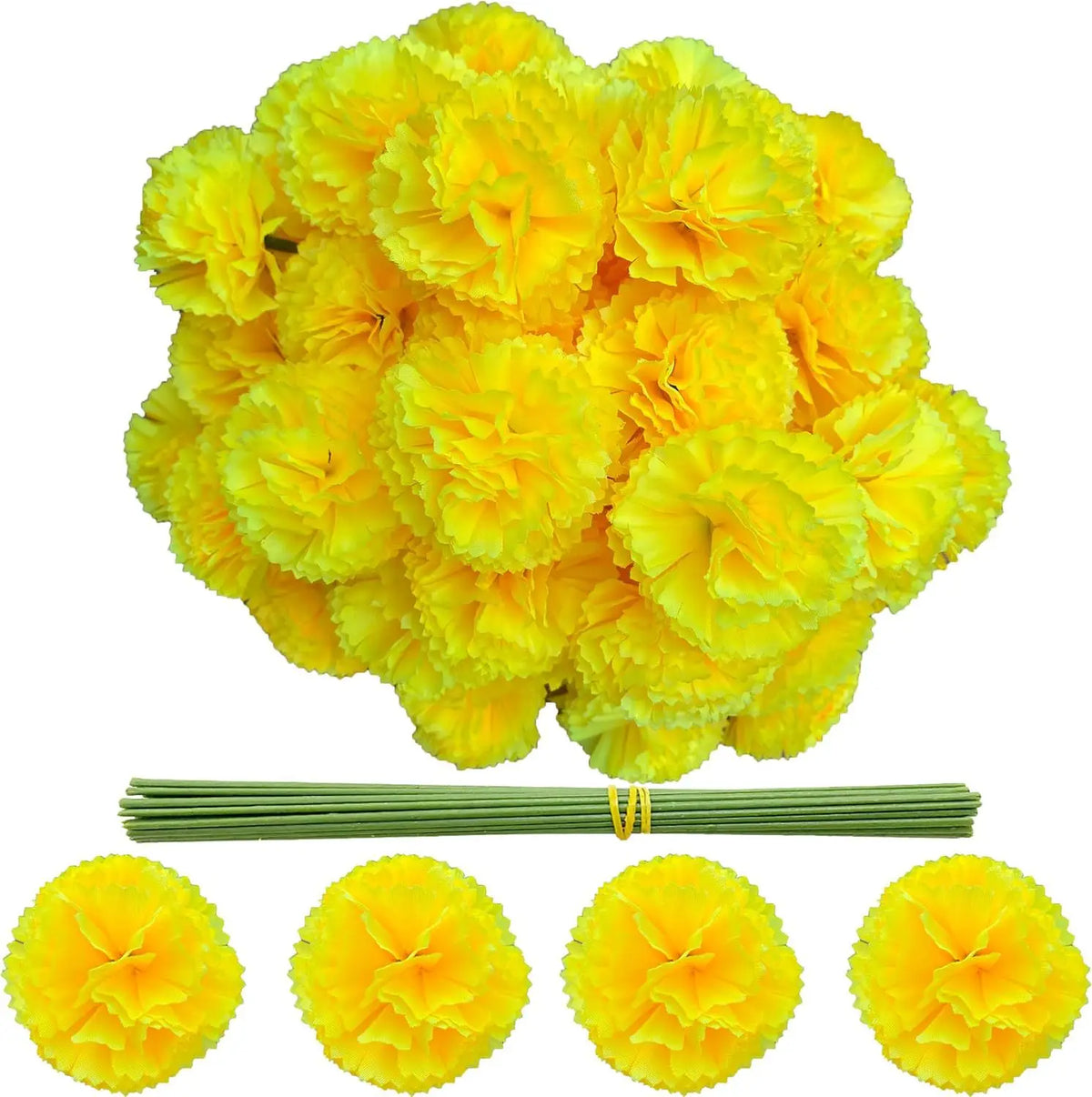A bouquet of bright yellow silk marigold flowers for Dia de los Muertos and fall decor