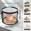A clear storage box for large hats, showing various types including sun hats, cowboy hats, beach hats, and a baseball cap.