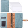 A6 PU leather budget planner binder with cash envelopes and expense sheets shown in light blue and tan colors.