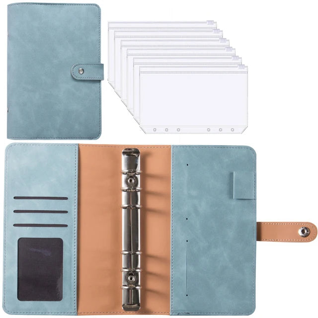 A6 PU leather budget planner binder with cash envelopes and expense sheets shown in light blue and tan colors.