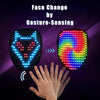 A hand is interacting with a face-change gesture-sensing LED mask, demonstrating the technology.