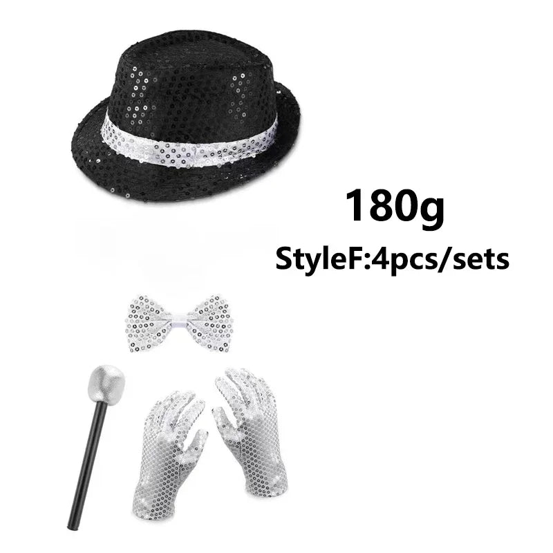 A set of a black sequin disco hat, tie, and silver glitter gloves for kids.