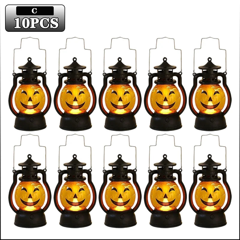 Ten DIY Halloween pumpkin lanterns with LED projection effects in black and orange.