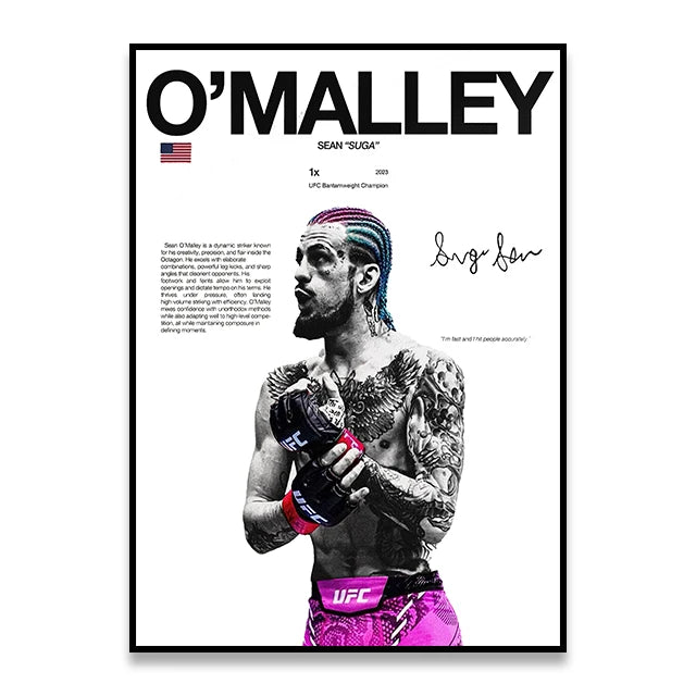 A black and white canvas wall art print featuring a portrait of Sean 'Suga' O'Malley in a boxing stance.