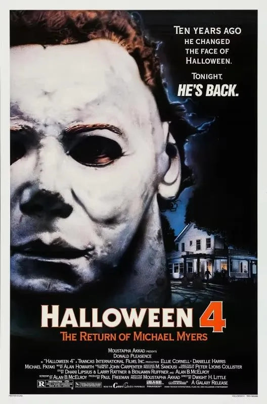 Poster for Halloween 4 featuring a close-up of Michael Myers' mask.