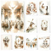 A collection of watercolor art prints depicting scenes from the Bible, including Jesus, shepherds, and crucifixion.