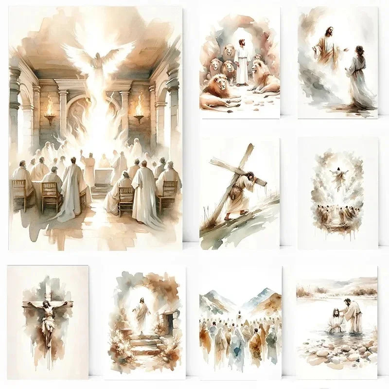 A collection of watercolor art prints depicting scenes from the Bible, including Jesus, shepherds, and crucifixion.