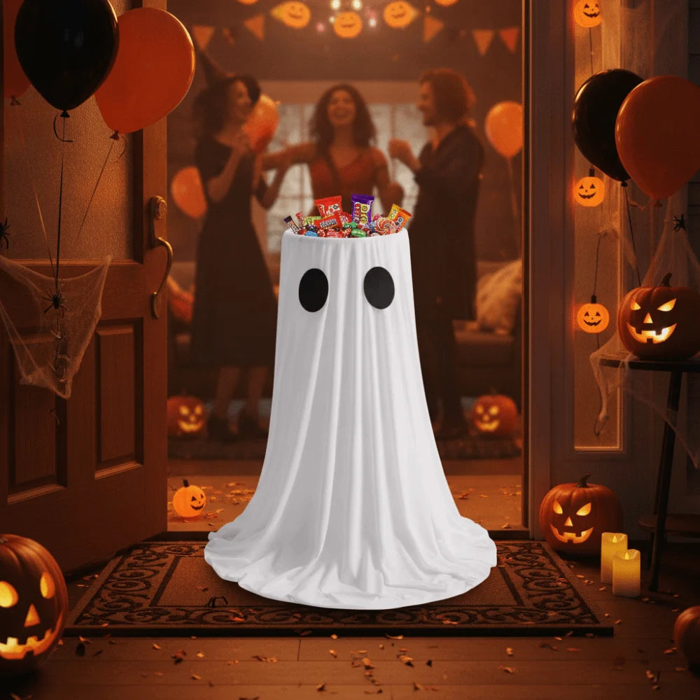 A white ghost-shaped dress with black eyes stands on a rug in a dimly lit room decorated for Halloween.