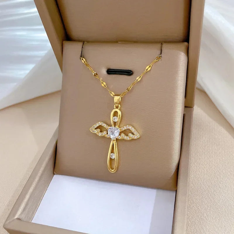 Gold Stainless Steel Crystal Cross Pendant Necklace