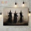 Dark gothic wall art featuring three silhouettes of witches with pointed hats and staffs against a misty background