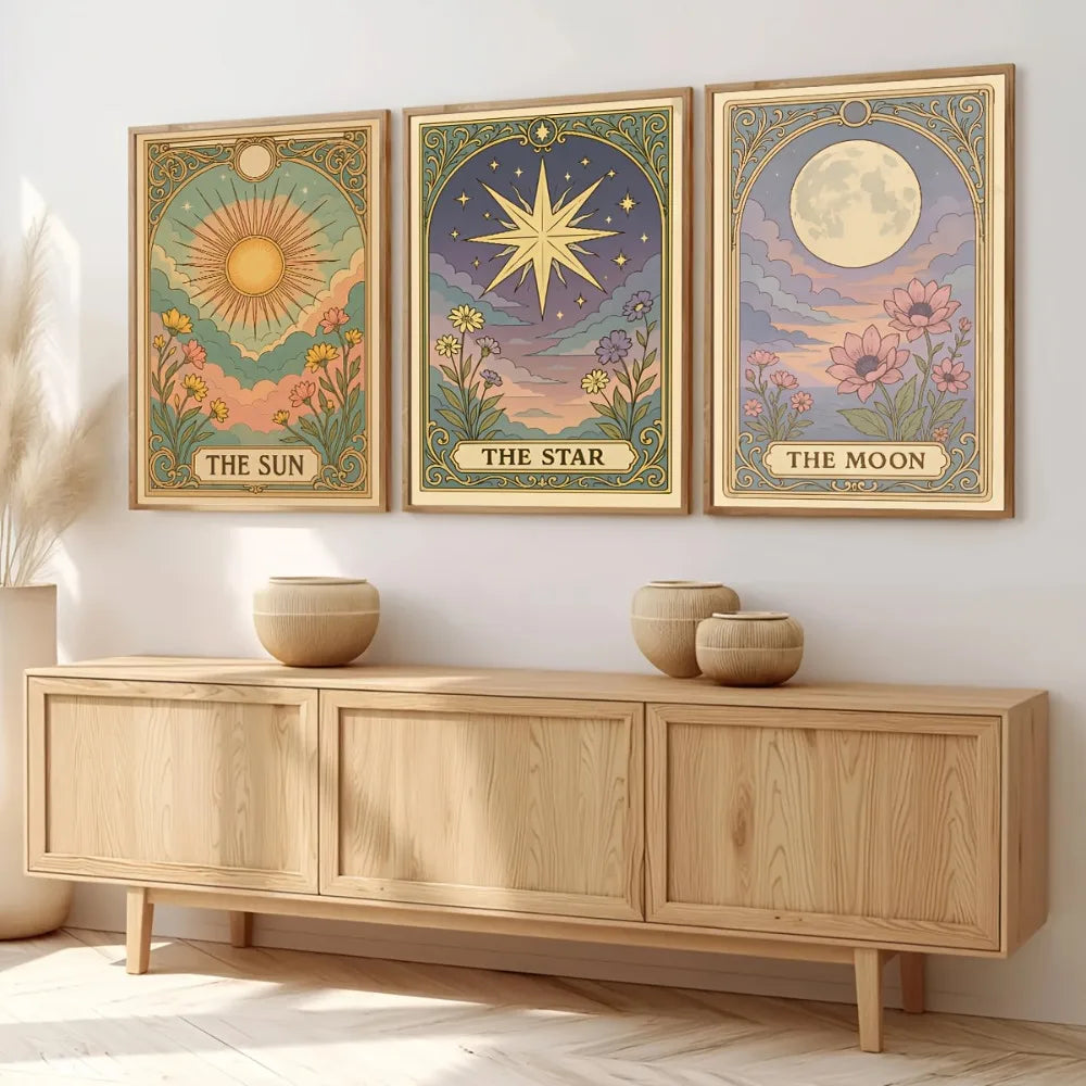 Frameless celestial wall art set featuring canvas prints of the sun, star, and moon in earthy tones