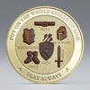 A round gold-plated coin featuring various symbols like truth, salvation, righteousness, faith, peace, and a sword, with the 