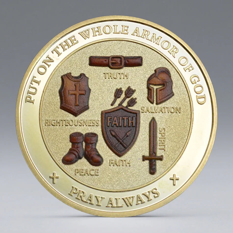 A round gold-plated coin featuring various symbols like truth, salvation, righteousness, faith, peace, and a sword, with the 