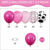 A set of 30 pink balloons includes solid pink, light pink, and cow print designs for parties.
