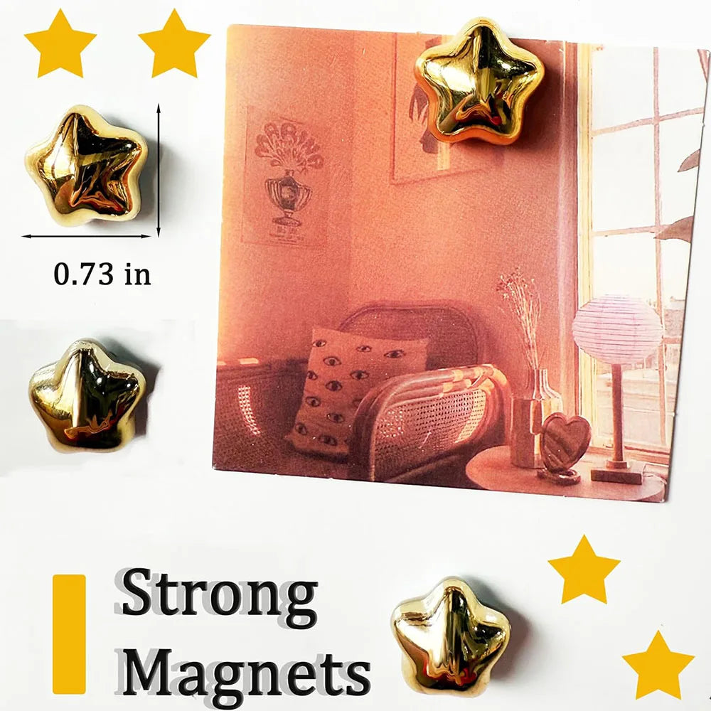 A set of gold star fridge magnets displayed next to a photo, showing their size and quality.