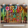 A vibrant Mexican themed backdrop featuring colorful flowers and cacti for photography and celebrations.