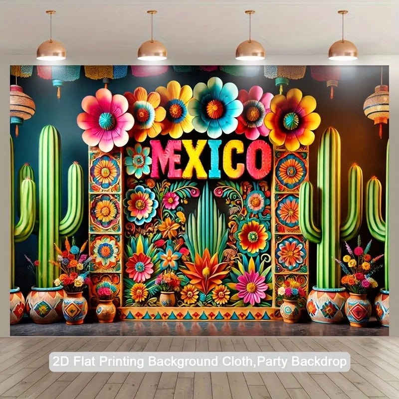 A vibrant Mexican themed backdrop featuring colorful flowers and cacti for photography and celebrations.