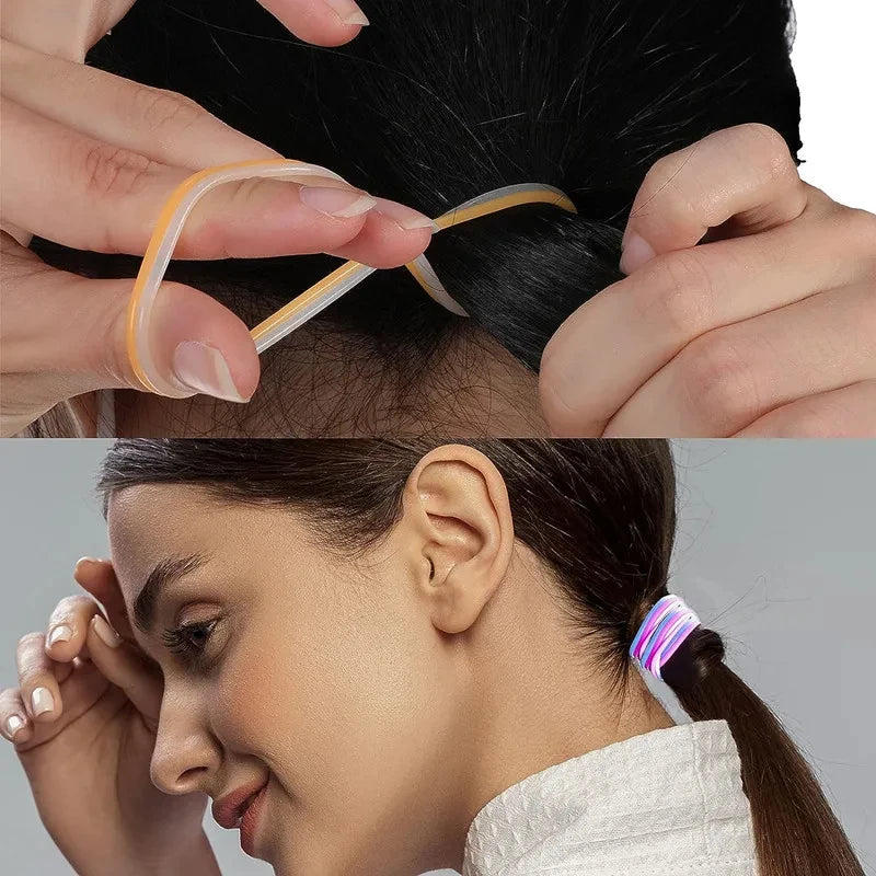 Hands are placing glow-in-the-dark silicone bracelets onto a person's hair.