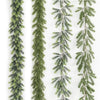 A vertical display of lifelike artificial pine garlands in various shades of green.