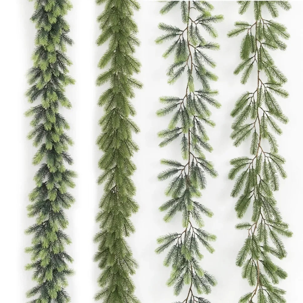 A vertical display of lifelike artificial pine garlands in various shades of green.