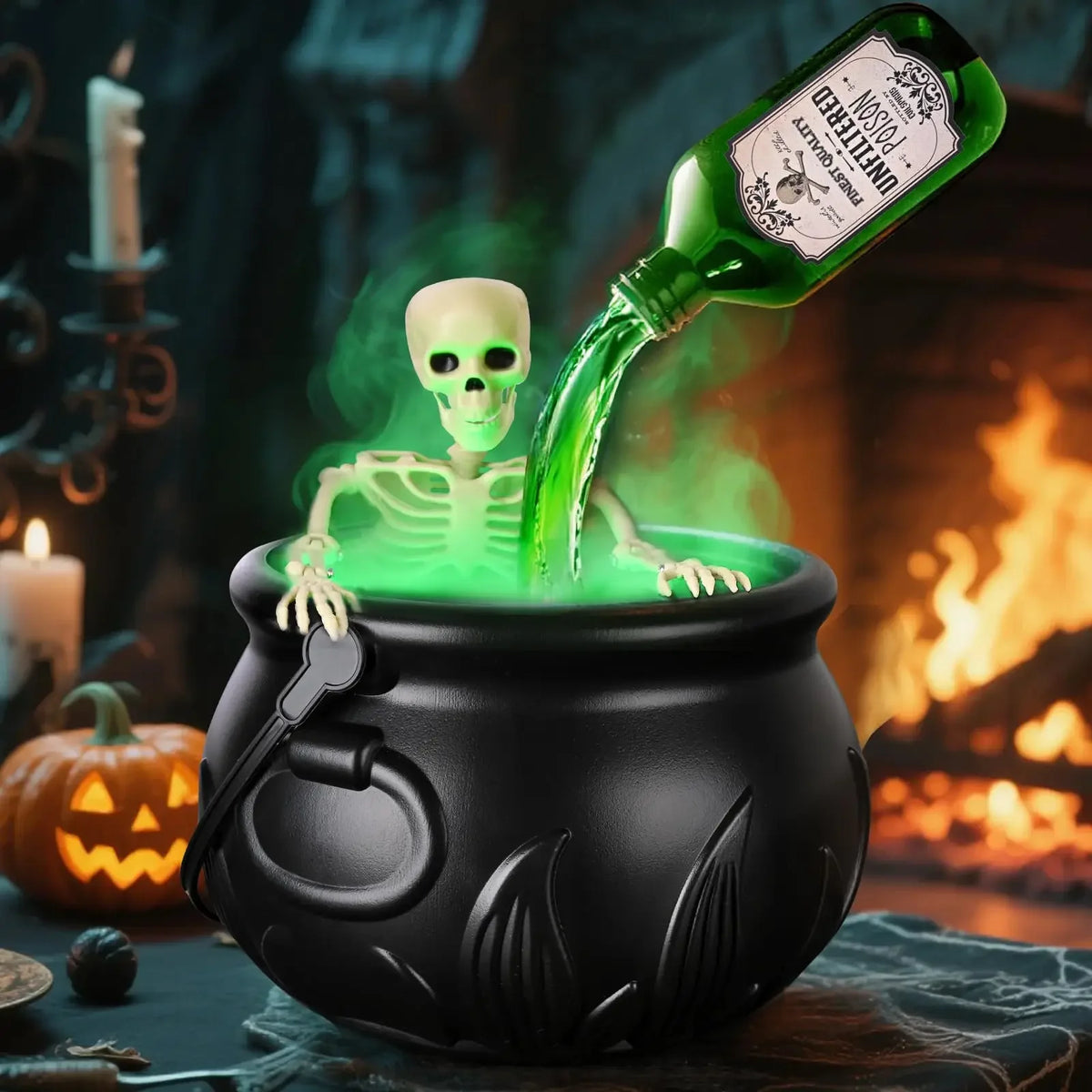 A green potion bottle pours liquid into a black cauldron, creating fog and light in a dark Halloween setting.