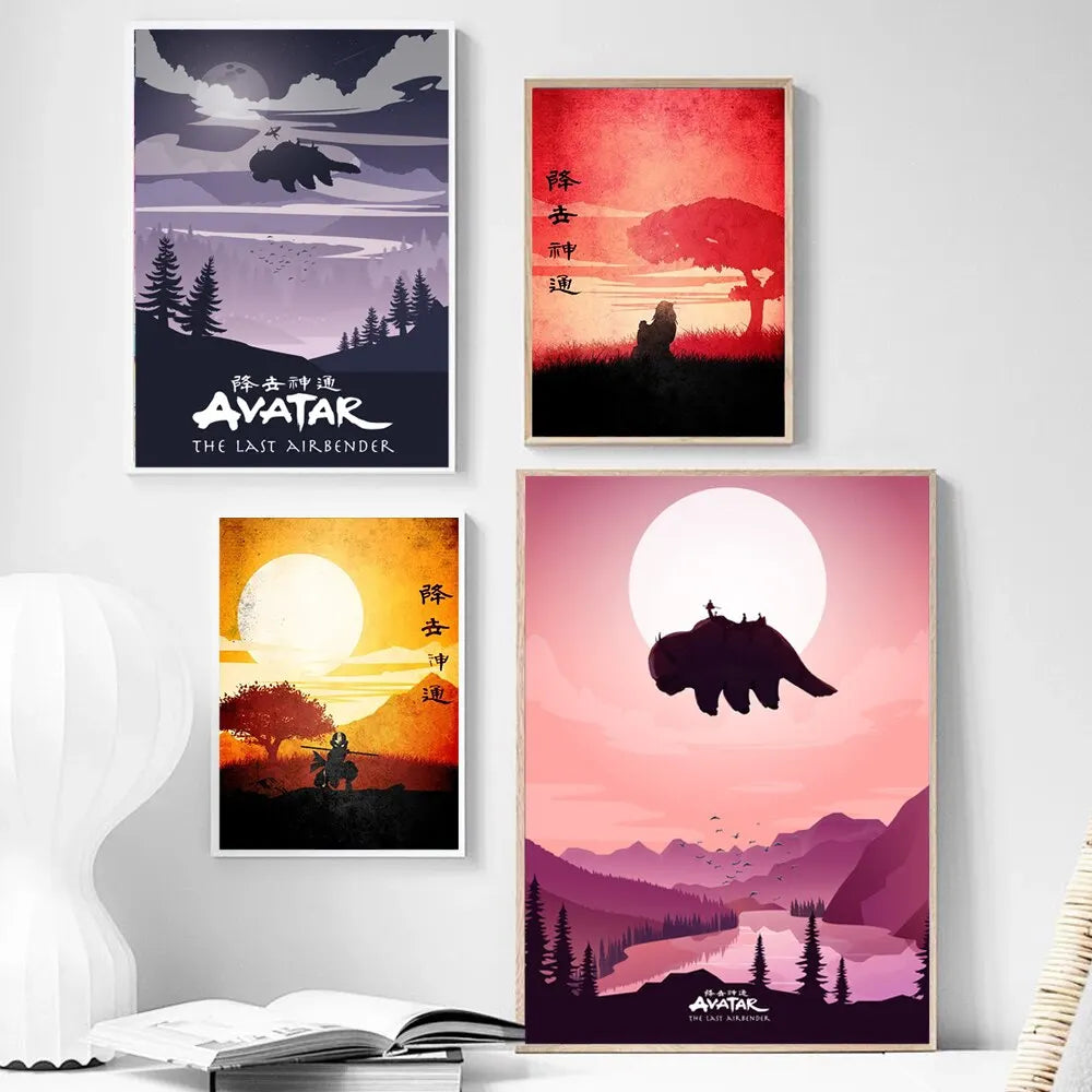 Minimalist canvas wall art featuring Avatar: The Last Airbender artwork in various color palettes and styles.