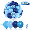 A bundle of 50 latex balloons in pastel purple, blue, and pink colors with attached strings.