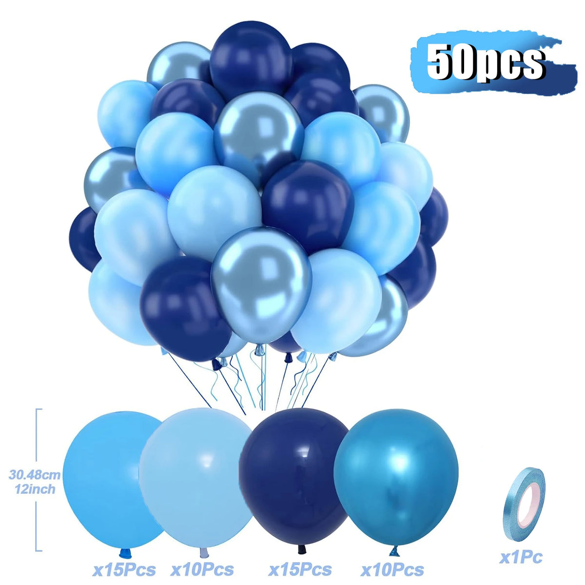 A bundle of 50 latex balloons in pastel purple, blue, and pink colors with attached strings.