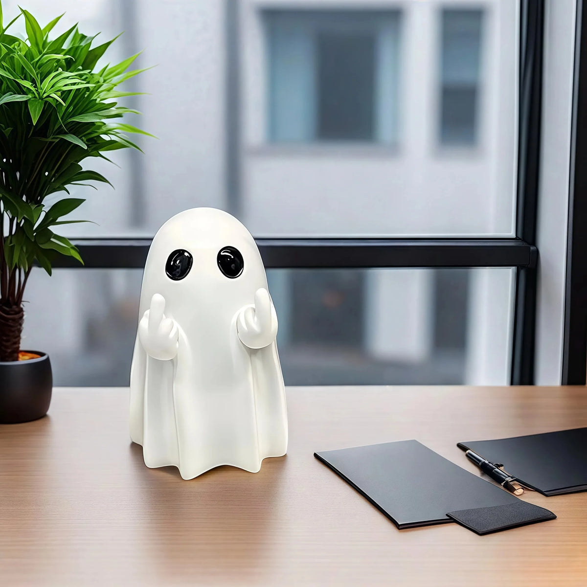 Statue fantôme blanche avec yeux et mains noires sur une table en bois à côté d'un bloc-notes noir.