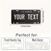 A black Texas license plate sign with personalized text, showing dimensions and usage ideas for vanity tags and wall decor.