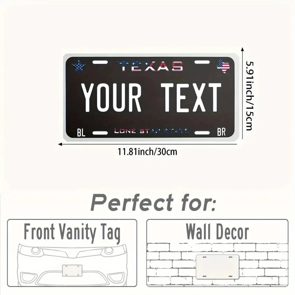 A black Texas license plate sign with personalized text, showing dimensions and usage ideas for vanity tags and wall decor.