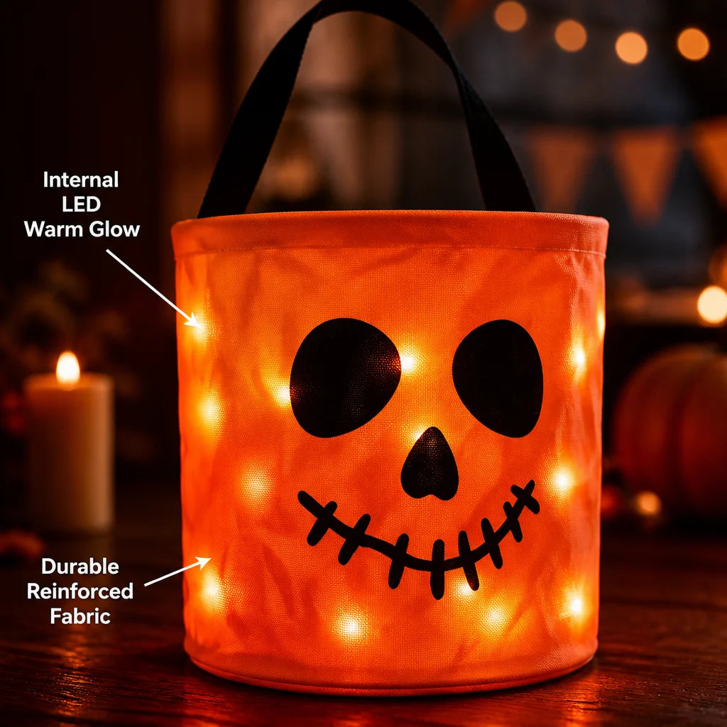 An orange glowing pumpkin candy bucket with an LED light design and black handle.