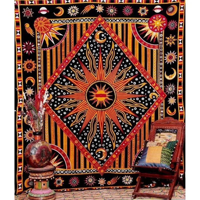 Bohemian mandala tapestry wall hanging featuring a large, intricate design with sunbursts and celestial elements.