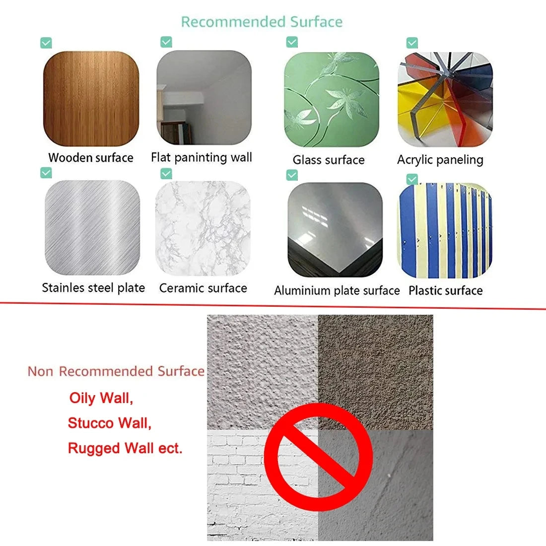 A comparison chart showing recommended and non-recommended surfaces for peel-and-stick waterproof wall tiles.