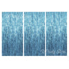 Three vertical panels of metallic blue foil fringe curtains for party backdrop decor