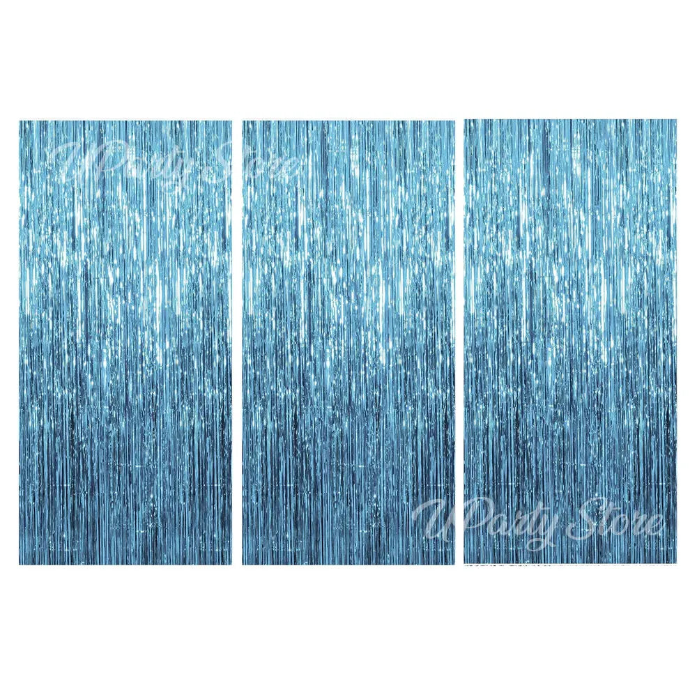 Three vertical panels of metallic blue fringe curtains for party backdrop decor