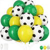 A collection of green and yellow soccer ball latex balloons in various sizes and colors.